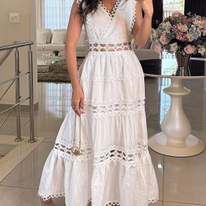 Lace Trim V Neck Hollow-out Sleeveless Dress Casual Waist A Line Flared Maxi Dress, women Maxi Dresses, ChicMe catalog
