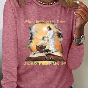 When Life Knows Me Down Jesus Picks Me Up Casual Long Sleeve Shirt, Long sleeves, Lilicloth.com