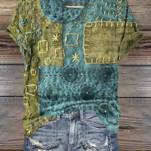 Casual Geometric Crew Neck Short Sleeve T-shirt, T-shirts, color:Green|size:4XL, catalog Noracora shop