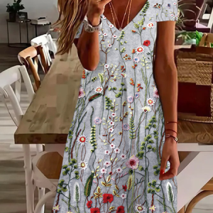 Women's Floral Short Sleeve Summer Printing Dress V Neck Daily Casual Knee Length T-Shirt Dress H-Line Dress, JustFashionNow Casual Dresses, color:Gray|size:XXL,