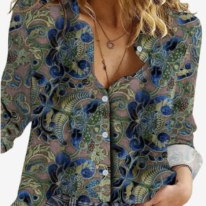 Women's Long Sleeve Shirt Spring/Fall Floral Shirt Collar Daily Going Out Casual Top, JustFashionNow Shirts, color:Green|size:XXL,
