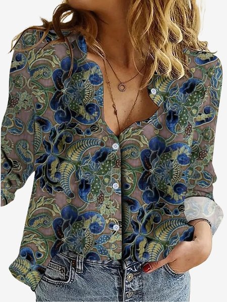 Women's Long Sleeve Shirt Spring/Fall Floral Shirt Collar Daily Going Out Casual Top, JustFashionNow Shirts, color:Green|size:XXL,