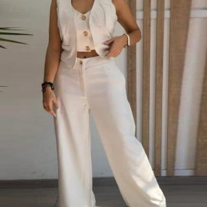 2 Pieces Outfits V Neck Sleeveless Button Front Vest Crop Top and Casual Zipper Fly Elastic Back Waist Wide Leg Pants Set, women Two-piece Sets, ChicMe catalog