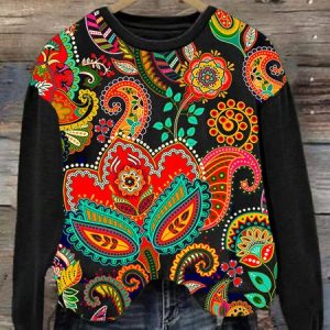 Women's Crew Neck Ethnic Casual Spring/Fall Cotton Long Sleeve Sweatshirt, JustFashionNow Sweatshirts & Hoodies, color:Black|size:5XL,