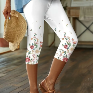 Women's Floral Capris Elastic Waist Pant Casual Summer Trousers, JustFashionNow Leggings, color:White|size:XXL,
