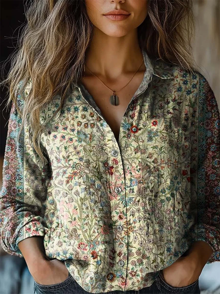 Women's vintage floral print casual long sleeve comfortable shirt, Blouses, Lilicloth.com - Image 2