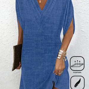 Women's Plain Cap Sleeve Summer Dress V Neck Daily Casual Mini H-Line Dress, JustFashionNow Dresses, color:Blue|size:XXL,