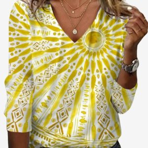 Women's Ethnic Sunshine Print Long Sleeve V Neck T-Shirt, JustFashionNow T-Shirts, color:Yellow|size:XXL,