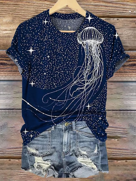 Women's Ocean Coral Starry Sky Art Short Sleeve T-Shirt, T-shirts, Lilicloth.com