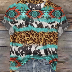Casual Vintage Ethnic Pattern Crew Neck Short Sleeve T-shirt, T-shirts, color:Lake Blue|size:4XL, catalog Noracora shop
