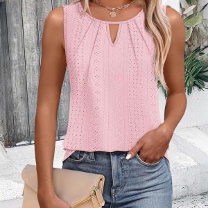 Keyhole Neck Sleeveless Ruched Tank Casual Loose Fit Flowy Summer Top, women Tanks & Crop Tops, ChicMe catalog