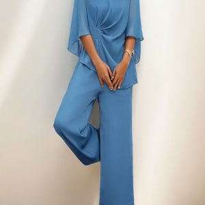 Women's Chiffon Two Piece Wedding Guest Crew Neck Semi Formal 2 Piece Sets, JustFashionNow Suit Set, color:Blue|size:XXL,
