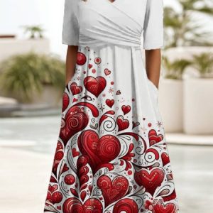Women's Valentine's Day Love Heart Print Short Sleeve Midi Dress, JustFashionNow Dresses, color:Red|size:XXL,