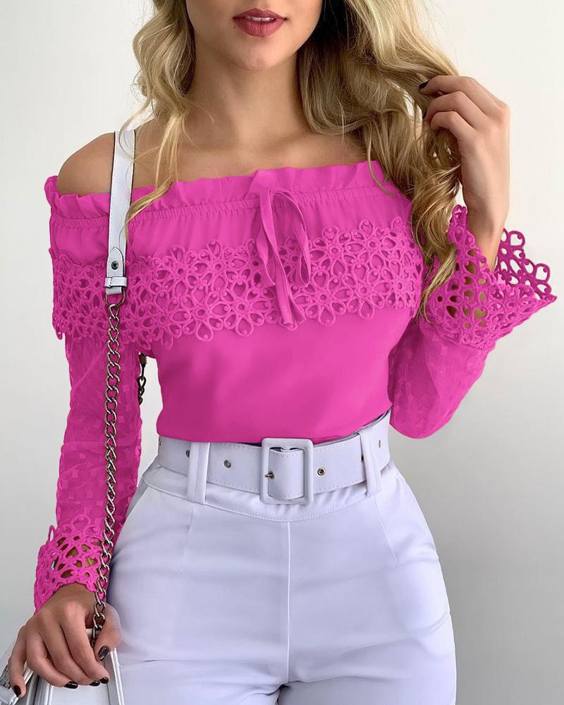 Off Shoulder Guipure Lace Frill Hem Drawstring Top, women Blouses & Shirts, ChicMe catalog - Image 6