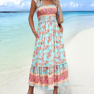 Floral Pattern Square Neck Thick Strap Shirred Ruffles Hem A Line Dress Vacation Dress, women Maxi Dresses, ChicMe catalog