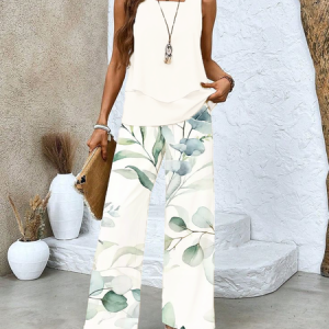 Women's Floral Printing Two-Piece Set Daily Sleeveless Casual Summer Top With Pants Matching Set, JustFashionNow Suit Set, color:White|size:XXL,