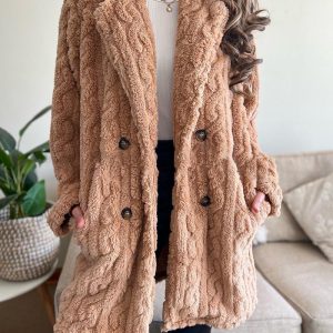 Notched Collar Double Breasted Pockets Design Longline Coat Casual Cable Textured Thermal Teddy Coat, women Jackets & Coats, ChicMe catalog