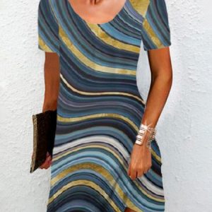 Women's Short Sleeve Summer Geometric Jersey Dress Crew Neck Daily Going Out Casual Mini H-Line T-Shirt Dress, JustFashionNow Dresses, color:Blue|size:XXL,