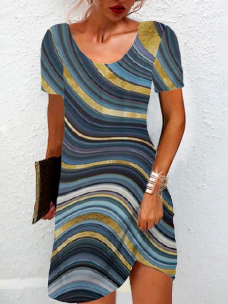 Women's Short Sleeve Summer Geometric Jersey Dress Crew Neck Daily Going Out Casual Mini H-Line T-Shirt Dress, JustFashionNow Dresses, color:Blue|size:XXL,
