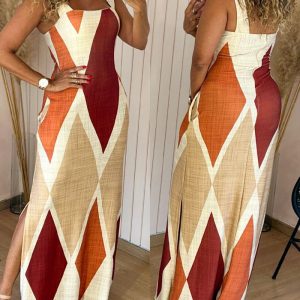 Geometric Print Square Neck Thick Strap Vacation Dress Casual Slim Fit Slit Maxi Dress, women Maxi Dresses, ChicMe catalog
