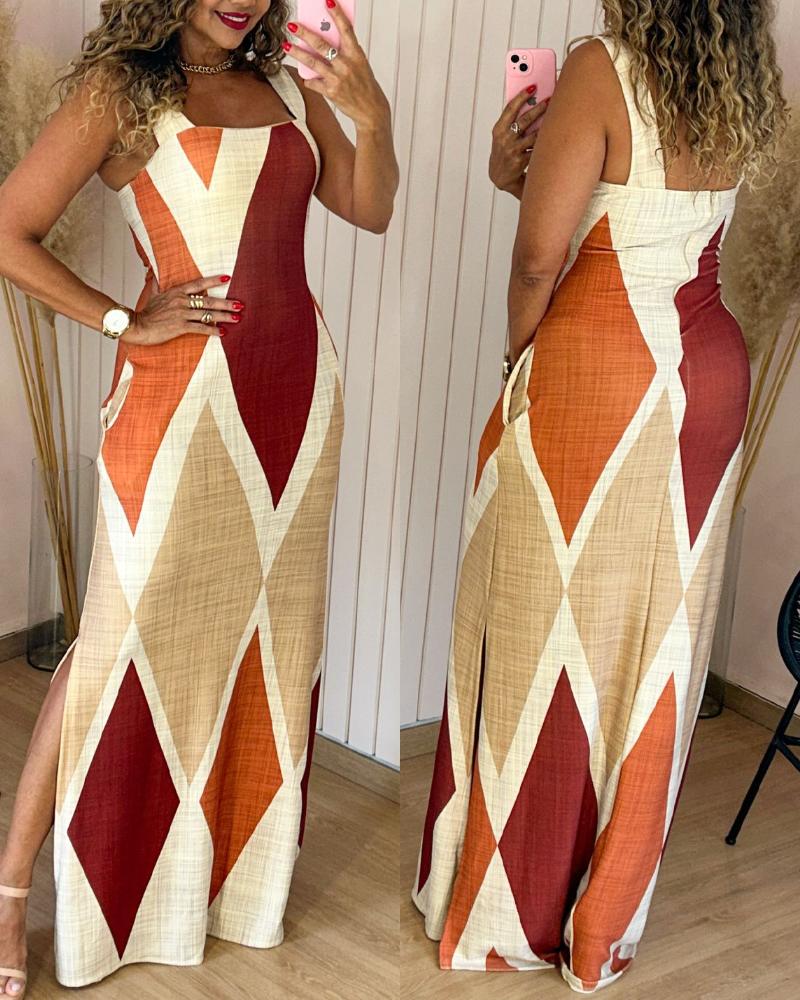 Geometric Print Square Neck Thick Strap Vacation Dress Casual Slim Fit Slit Maxi Dress, women Maxi Dresses, ChicMe catalog