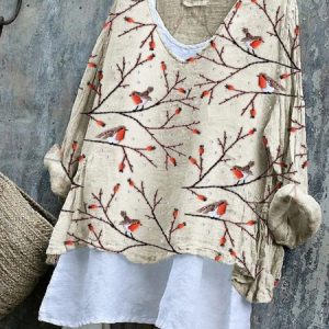 V Neck Bird Loose Linen T-Shirt, Long sleeves, Lilicloth.com