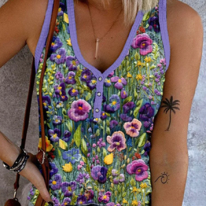 Women's Sleeveless Tank Top Camisole Summer Floral Buckle V Neck Daily Going Out Casual Top, JustFashionNow Tanks & Camis, color:Purple|size:XXL,