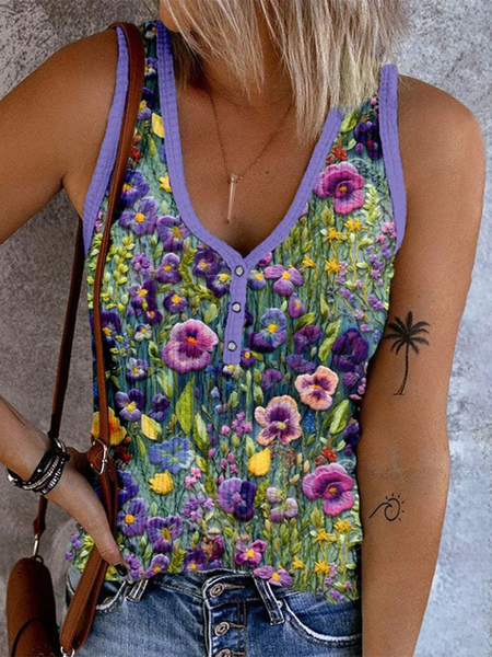 Women's Sleeveless Tank Top Camisole Summer Floral Buckle V Neck Daily Going Out Casual Top, JustFashionNow Tanks & Camis, color:Purple|size:XXL,