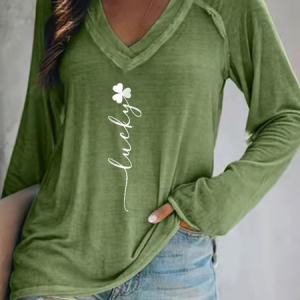 Women's Text Letters Long Sleeve Blouse_ Spring/Fall Printing V Neck Daily Casual Top, JustFashionNow Shirts & Blouses, color:Green|size:5XL