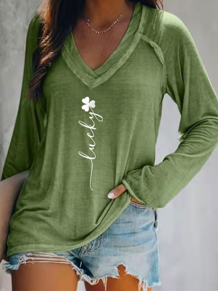 Women's Text Letters Long Sleeve Blouse_ Spring/Fall Printing V Neck Daily Casual Top, JustFashionNow Shirts & Blouses, color:Green|size:5XL,