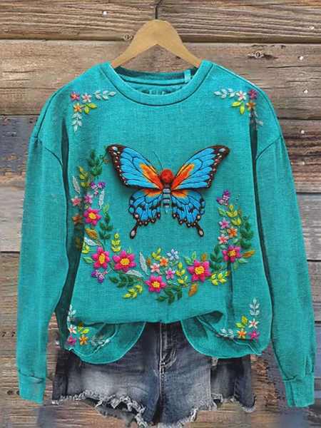 Women's Crew Neck Floral Printing Casual Spring/Fall Long Sleeve Sweatshirt, JustFashionNow Sweatshirts & Hoodies, color:Cyan|size:XXL,