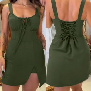 Square Neck Thick Strap Lace-up Back Shirred Tied Detail Romper Cinched Waist Side Slit Skort Romper, women Rompers, ChicMe catalog
