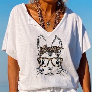 Women's Animal Short Sleeve Tee T-shirt V Neck Vintage Summer Top, JustFashionNow T-Shirts, color:White|size:3XL,