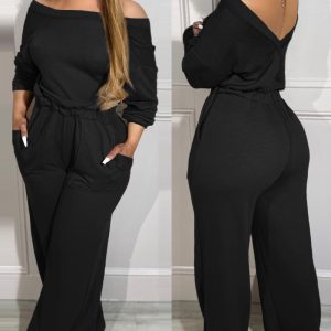 Off Shoulder V-Back Stretchy Waist Overalls Casual Cinched Waist Backless Jumpsuit, women Jumpsuits, ChicMe catalog