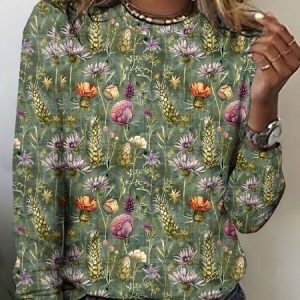 Vintage Plaid Crew Neck Long Sleeve T-shirt, T-shirts, color:Lightgreen|size:5XL, catalog Noracora shop