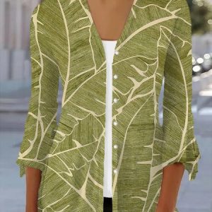 Women's Spring/Fall Outerwear Casual Leaf Floral Jersey Shawl Jacket, JustFashionNow Coats, color:Green|size:XXL,