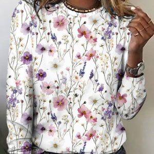 Women Floral Long Sleeve Tee T-shirt Crew Neck Casual Spring/Fall Top, JustFashionNow T-Shirts, color:White|size:5XL,