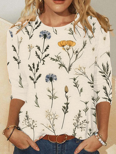 Women's Floral Art Print Casual Long Sleeve Shirt, T-shirts, Lilicloth.com