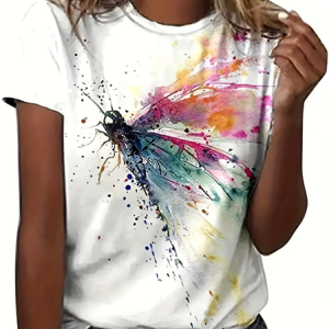 Women Dragonfly Short Sleeve Tee T-shirt Crew Neck Printing Casual Summer Graphic Tee Top, JustFashionNow T-Shirts, color:White|size:XXL