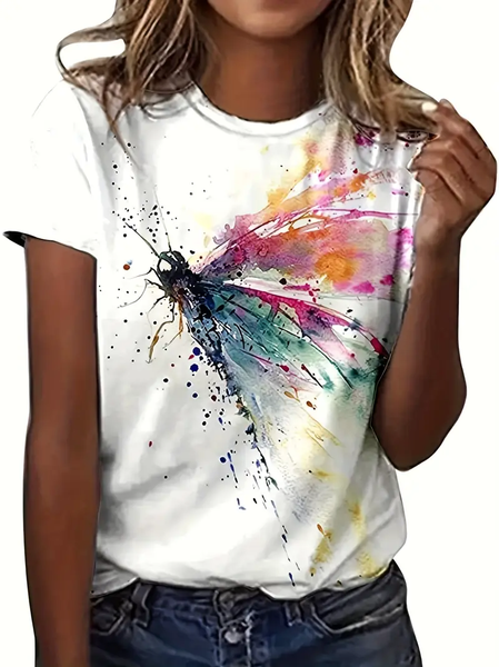 Women Dragonfly Short Sleeve Tee T-shirt Crew Neck Printing Casual Summer Graphic Tee Top, JustFashionNow T-Shirts, color:White|size:XXL