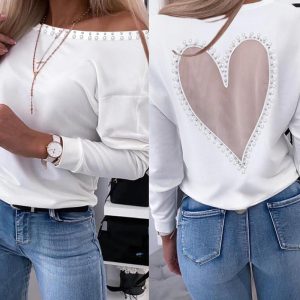Pearls Decor Heart Pattern Sheer Mesh Spliced Tee Casual Drop Shoulder Long Sleeve Top, women T-shirt & Tees, ChicMe catalog
