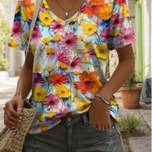 Casual Floral Art Print V Neck Short Sleeve T-shirt, T-shirts, color:As Picture|size:4XL, catalog Noracora shop
