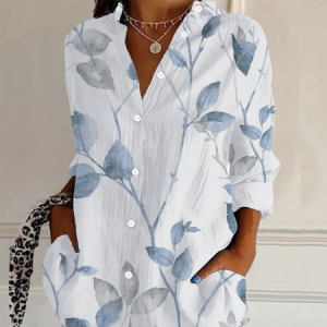 Women's Floral Long Sleeve Shirt Spring/Fall Buckle Shirt Collar Daily Casual Top, JustFashionNow Shirts, color:White|size:XXL,