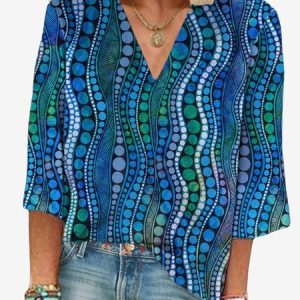 Women's Three Quarter Sleeve Blouse Spring/Fall Abstract V Neck Daily Going Out Casual Top, JustFashionNow Blouses, color:Blue|size:XXL,
