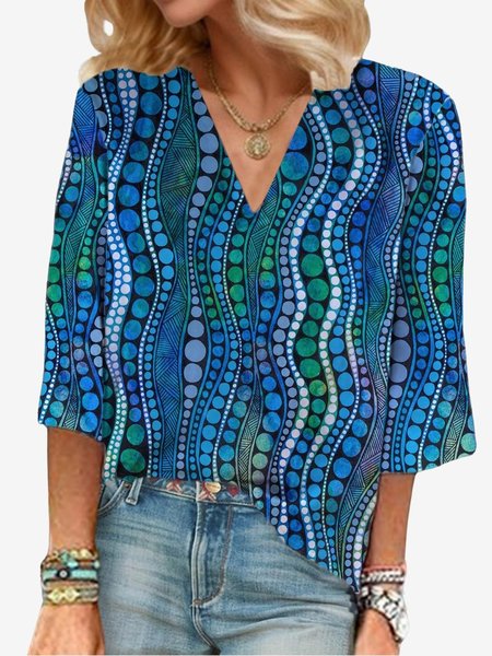 Women's Three Quarter Sleeve Blouse Spring/Fall Abstract V Neck Daily Going Out Casual Top, JustFashionNow Blouses, color:Blue|size:XXL,
