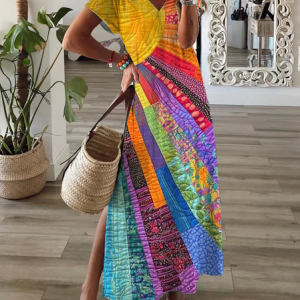 Women Hippie Short Sleeve Summer Printing Dress V Neck Daily Casual Maxi X-Line Dress, JustFashionNow Casual Dresses, color:As Picture|size:3XL,