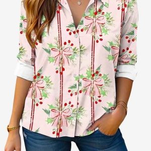 Women's Long Sleeve Shirt Spring/Fall Christmas Shirt Collar Daily Going Out Casual Top, JustFashionNow Shirts, color:Pink|size:XXL,