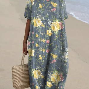 Women Floral Crew Neck Half Sleeve Comfy Casual Maxi Dress, Maxi, color:Light Blue|size:3XL, catalog Noracora shop