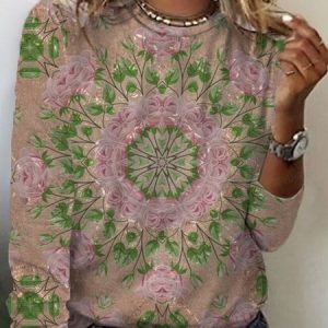 Women's Long Sleeve Tee T-shirt Spring/Fall Floral Cotton Crew Neck Daily Going Out Casual Top, JustFashionNow T-Shirts, color:Pink|size:5XL,