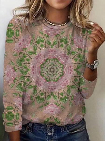 Women's Long Sleeve Tee T-shirt Spring/Fall Floral Cotton Crew Neck Daily Going Out Casual Top, JustFashionNow T-Shirts, color:Pink|size:5XL,